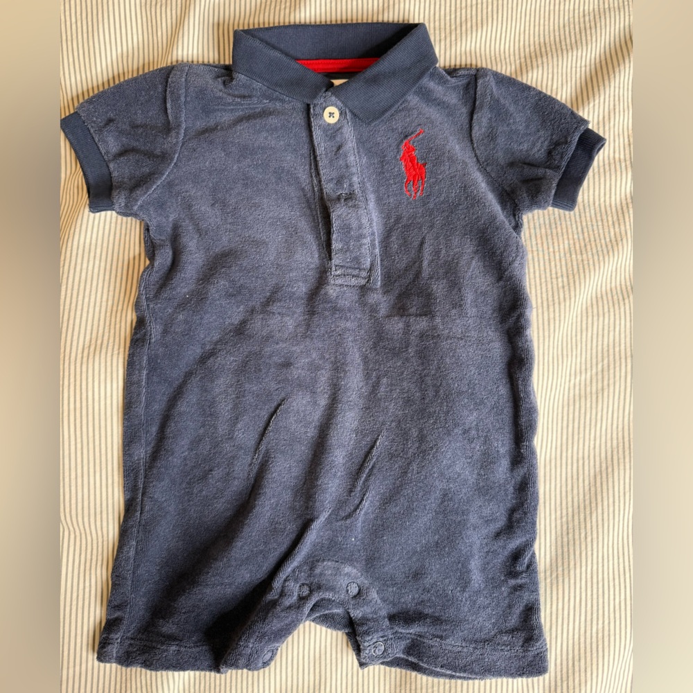 Ralph Lauren baby Navy Blue Terry Cloth shorts onsie 6M